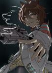  1girl absurdres agnes_tachyon_(tach-nology)_(umamusume) agnes_tachyon_(umamusume) black_background brown_hair commentary english_commentary gun herrscheysyuji highres holding holding_gun holding_weapon lab_coat looking_at_viewer red_eyes requiem_(gun) resident_evil resident_evil_requiem revolver smoke smoking_barrel solo sweater umamusume weapon yellow_sweater 