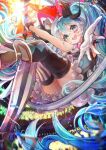  1girl aqua_eyes aqua_hair asymmetrical_legwear birthday black_thighhighs blush bow bowtie commentary detached_sleeves hair_between_eyes hair_ornament happy_birthday hat hatsune_miku highres holding holding_microphone_stand long_hair looking_at_viewer magical_mirai_(vocaloid) magical_mirai_miku magical_mirai_miku_(2019) microphone microphone_stand mini_hat mini_top_hat official_alternate_costume official_alternate_hairstyle open_mouth pink_bow pink_bowtie ribbon smile solo thighhighs top_hat twintails very_long_hair vocaloid white_thighhighs wrist_cuffs yu-muge 
