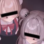  2girls absurdres bar_censor blacked_female blonde_hair blush bow bowtie censored censored_identity commentary_request f_he4rt facial_tattoo grey_background grey_hair hair_bun hair_ornament highres indie_virtual_youtuber licking_lips multiple_girls paid_reward_available pom_pom_(clothes) pom_pom_hair_ornament queen_of_spades_symbol race_fetishism race_fetishism_symbol red_bow red_bowtie school_uniform shigure_ui_(vtuber) shigure_ui_(young)_(vtuber) sidelocks spade_(shape) spade_tattoo suou_patra tattoo tongue tongue_out virtual_youtuber 