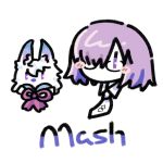  1girl blush blush_stickers bow bowtie chaldea_logo character_name chibi commentary creature english_text fate/grand_order fate_(series) fou_(fate) glasses hair_over_one_eye head_only highres mash_kyrielight mash_kyrielight_(chaldea_uniform) necktie no_mouth purple_bow purple_bowtie purple_eyes purple_hair short_hair simple_background takegusa white_background white_necktie |_| 