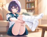  1girl amane_soh aqua_sailor_collar aqua_skirt blue_eyes blush bob_cut bookshelf commentary_request couch curtains feet foreshortening full_body lamp leg_warmers legs_up living_room looking_at_viewer on_floor original panties parted_lips pillow pleated_skirt presenting_own_foot purple_hair raised_inner_eyebrows rug sailor_collar school_uniform serafuku shirt short_hair short_sleeves sitting skirt socks solo straight_hair table underwear white_leg_warmers white_panties white_shirt white_socks 