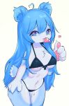 2024 4_fingers ahoge anthro bear bikini blue_body blue_eyes blue_fur blue_hair blue_inner_ear_fluff bodily_fluids chest_tuft claws clothing condom condom_in_mouth ear_tuft female finger_claws fingers fur gesture hair hand_gesture heart_pupils heart_symbol hi_res inner_ear_fluff looking_at_viewer mammal mouth_hold object_in_mouth pawpads pink_pawpads seuppi sexual_barrier_device simple_background solo swimwear thumbs_up tuft two-piece_swimsuit unused_condom white_background wrapped_condom wrapped_condom_in_mouth