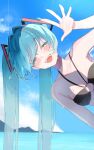 1girl :d aqua_hair bikini black_bikini blue_sky blush breasts closed_eyes cloud commentary day facing_viewer hair_intakes hair_ornament hand_up hatsune_miku highres long_hair o-ring o-ring_bikini o-ring_top ocean open_mouth outdoors sidelocks sky small_breasts smile solo soraneko_(purin_kudasai) swimsuit teeth twintails upper_body upper_teeth_only very_long_hair vocaloid water wet wet_hair 