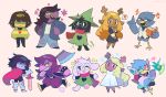  1other 2boys 2girls animal_ears antlers armlet axe beak berdly_(dark_world)_(deltarune) berdly_(deltarune) bird_boy blonde_hair bracelet brown_hair buck_teeth chibi colored_skin deer_ears deer_girl deltarune dual_persona furry furry_female furry_male glasses goat_boy goat_horns green_robe holding holding_axe horns jewelry kris_(dark_world)_(deltarune) kris_(deltarune) l0belly multiple_boys multiple_girls noelle_holiday noelle_holiday_(dark_world) purple_skin ralsei ralsei_(hat) reindeer_girl reptile_girl robe scouter sharp_teeth spiked_armlet spiked_bracelet spikes susie_(dark_world)_(deltarune) susie_(deltarune) sword teeth utdr_(toby_fox) weapon white_robe 