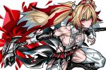  1girl absurdres animal_print axe bare_shoulders bat_print black_boots black_shirt black_skirt blonde_hair boots breasts claret_flint closed_mouth collarbone detached_sleeves floating_hair hair_intakes hair_ornament hair_ribbon highres holding holding_axe large_breasts long_hair looking_at_viewer muscular muscular_female print_thighhighs red_eyes red_ribbon ribbon shirt skirt solo sphere_hair_ornament thighhighs twintails white_thighhighs yotaro zenless_zone_zero 