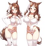  2girls absurdres animal_ears blush breasts bridal_lingerie brown_hair bustier cleavage commentary_request commission cowboy_shot elbow_gloves flower gloves goodbye_halo_(racehorse) hair_flower hair_ornament highres horse_ears horse_girl horse_tail jewelry king_halo_(umamusume) large_breasts lingerie long_hair looking_at_viewer mother_and_child mother_and_daughter multicolored_hair multiple_girls navel open_mouth original panties parent_and_child pixiv_commission red_eyes ring rose sho2 simple_background streaked_hair tail thighhighs umamusume underwear wedding_ring white_background white_bustier white_flower white_gloves white_panties white_rose white_streaks white_thighhighs 