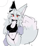2026 ahoge anthro big_breasts big_tail breasts canid canine chest_tuft cleavage clothed clothing colored crop_top digital_drawing_(artwork) digital_media_(artwork) dipstick_tail eyelashes female fox fur grey_body grey_fur hair hair_between_eyes long_hair looking_at_viewer mammal markings open_clothing open_mouth open_smile open_topwear pantsless red_eyes shirt shiyaa_stuff simple_background smile smiling_at_viewer solo tail tail_markings thong topwear tuft underwear white_background
