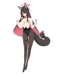  1girl absurdres alternate_costume animal_ear_fluff animal_ears black_hair black_leotard black_pantyhose black_shoes blue_archive blush breasts cleavage colored_inner_hair commentary_request detached_collar flower fox_girl fox_tail full_body hair_between_eyes halo highleg highres kurowanjjyang leotard long_legs looking_at_viewer multicolored_hair neck_flower nontraditional_playboy_bunny open_mouth pantyhose partial_commentary red_hair shoes solo strapless strapless_leotard tail two-tone_hair wakamo_(blue_archive) wrist_cuffs yellow_eyes yellow_flower 