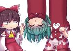  2girls anatomical_nonsense ascot bow brown_hair buttons commentary_request detached_sleeves frilled_ascot frilled_hair_tubes frilled_shirt_collar frills green_hair hair_bow hair_tubes hakurei_reimu hand_up horns komainu_girl komano_aunn long_hair long_neck multiple_girls one-hour_drawing_challenge parted_lips paw_pose red_bow red_shirt red_skirt shirt short_sleeves shorts single_horn skirt surprised touhou unime_seaflower white_background white_shorts wide-eyed yellow_ascot 