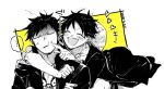  2boys anger_vein blush cheek_poking chest_tattoo commentary_request dated greyscale_with_colored_background hat heart male_focus monkey_d._luffy multiple_boys one_piece poking short_hair sideburns straw_hat tattoo trafalgar_law wakao_(wakaogm) yellow_background 