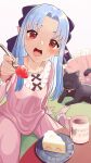  1girl :d absurdres alternate_costume arm_behind_back barefoot bell black_cat black_ribbon blue_hair blurry blurry_background cake cake_slice cat coffee_mug commentary_request commission cup eyebrows_hidden_by_hair feeding_viewer food foot_out_of_frame forehead fork frilled_pajamas frilled_sleeves frills fruit hair_ribbon hand_up happy highres holding holding_fork indoors jingle_bell len_(tsukihime) long_sleeves looking_at_viewer mug neck_bell oekaki_ryouta open_mouth pajamas parted_bangs pink_pajamas pointy_ears red_eyes ribbon sitting skeb_commission smile solo straight_hair strawberry tareme teeth tsukihime upper_teeth_only wariza 