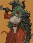  1girl arm_armor armor axe bare_legs battle_axe breasts commentary covered_eyes covered_nipples cromwaits curly_hair dark-skinned_female dark_skin demon_horns demon_tail english_commentary gem gloves hair_over_eyes highres holding holding_axe holding_sword holding_weapon horns large_breasts leotard lips long_hair multicolored_hair muscular muscular_female narrow_waist nose orange_background original parted_lips rope rope_belt shoulder_armor sideboob simple_background single_arm_armor spiked_armor spiked_axe spikes streaked_hair sword tail thick_thighs thighs two-tone_hair upper_body wavy_hair weapon 