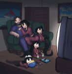  1boy 4girls ahoge beard big_trav bike_shorts black_hair black_scales breasts chest_of_drawers chivalry_starved commentary couch dougi dvd_case english_commentary facial_hair fangs father_and_child food highres japvs medium_breasts mirror mother_and_child multiple_girls on_couch pajamas parent_and_child picture_frame popcorn short_hair short_sleeves shorts siblings snake_girl snake_tail tail television xiang_(basedbinkie) yellow_eyes 
