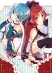  2girls arm_up back-to-back bare_shoulders black_bow black_thighhighs blue_eyes blue_hair blue_skirt boots bow breasts commentary_request cover cover_page detached_sleeves frills gloves grey_sleeves hair_bow hand_up highres jacket long_hair long_sleeves mahou_shoujo_madoka_magica mahou_shoujo_madoka_magica_(anime) medium_breasts miki_sayaka mizukikushou multiple_girls pink_skirt pleated_skirt ponytail red_boots red_eyes red_hair red_jacket sakura_kyoko sitting skirt sleeveless sleeveless_jacket string string_around_finger string_of_fate thigh_boots thighhighs thighhighs_under_boots very_long_hair white_boots white_gloves 