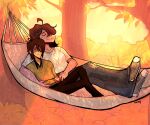  absurd_res anthro bangs blush bottomwear brown_hair clothing cloud cuddling daisy_190 day deltarune denim denim_clothing detailed_background dinosaur dragon duo eyes_closed female footwear forest freckles hair hammock hand_holding hi_res human human_on_anthro humanoid interspecies jeans kris_(deltarune) larger_female leaf light long_hair long_sleeves lying male male/female mammal on_back outside pale_skin pants plant purple_body purple_skin red_eyes reptile resting scalie shirt shoes shrub size_difference sky smaller_male sneakers sunlight susie_(deltarune) t-shirt topwear torn_bottomwear torn_clothing torn_jeans torn_pants tree undertale_(series) video_games white_clothing white_shirt white_topwear 