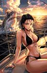  1girl bare_shoulders black_hair breasts cleavage earrings fubuki_(one-punch_man) gills green_eyes gxthebatman highres jewelry long_sleeves looking_at_viewer navel ocean one-punch_man saitama_(one-punch_man) shark ship smile stomach swim_ring swimsuit watercraft 