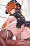  1girl absurdres anus ass black_hat black_horns blush breasts censored clothes_pull curled_horns dark-skinned_male dark_skin dragon_girl dragon_horns fingerless_gloves from_behind girl_on_top gloves green_eyes hair_between_eyes hat hetero highres horns large_breasts long_hair mechanical_horns mechanical_tail mosaic_censoring nipples on_bed orange_hair orphie_magnusson penis pointy_ears pussy reverse_cowgirl_position sex spread_pussy spreading_own_pussy straddling tail thighhighs twintails vaginal window yuito_0 zenless_zone_zero 