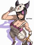  absurdres ap_cammy axe breasts character_name choker cleavage commentary_request cosplay double_bun friday_the_13th from_above gloves hair_bun hair_horns halloween halloween_costume han_juri heterochromia highres hockey_mask jason_voorhees large_breasts mask mask_on_head overall_shorts overalls shadow shoes sneakers solo street_fighter street_fighter_6 white_overalls 