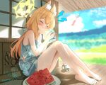  1girl :3 absurdres animal_ear_fluff animal_ears bare_legs bare_shoulders barefoot blonde_hair blue_archive blue_shorts blue_tank_top blurry blurry_background blush bow closed_eyes closed_mouth commentary_request dated day double-parted_bangs eating feet food fruit full_body hair_bow halo highres holding holding_food holding_spoon knees_up kotoringo2525 legs lens_flare long_hair mari_(blue_archive) outdoors plate ponytail shaved_ice short_shorts shorts signature sitting sleeveless smile solo spoon sweat tank_top thighs toes twitter_username watermelon watermelon_slice wind_chime yellow_halo 