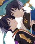  2boys absurdres adam's_apple bag bishounen black_bodysuit black_hair black_kimono black_sleeves blue_cape blue_hat blue_jingasa blue_kimono blunt_ends bodysuit bright_pupils cape choppy_bangs commentary_request covered_collarbone dual_persona dutch_angle eyeliner genshin_impact gold hand_on_another's_chest hat highres japanese_clothes jewelry jingasa juban kimono looking_at_viewer makeup mandarin_collar multiple_boys neck_ring open_clothes open_kimono open_mouth purple_bag purple_eyes purple_sleeves red_eyeliner red_kimono saekiya_sabou scaramouche_(genshin_impact) scaramouche_(harbinger)_(genshin_impact) shoulder_peek side_cape single_sode tsurime turtleneck turtleneck_bodysuit twitter_username wanderer_(genshin_impact) white_background white_kimono white_mouth white_pupils wolf_cut 