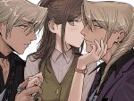  1boy 2girls ace_attorney amikoiiko apollo_justice:_ace_attorney blonde_hair blue_eyes blush boy_sandwich breast_pocket brown_hair chain chain_necklace clone_harem closed_mouth collarbone collared_shirt commentary dark-skinned_male dark_skin drill_hair dual_persona earrings ema_skye facing_to_the_side fingernails from_side green_eyes green_vest gyaruo hair_between_eyes hand_on_another's_chin hetero highres holding holding_hands initial jacket jewelry klavier_gavin lapels light_smile long_hair looking_at_another looking_at_viewer male_focus middle_ring mismatched_eyebrows multiple_girls multiple_rings necklace notched_lapels pink_shirt pink_wrist_cuffs pocket polyamory popped_collar purple_jacket ring sandwiched shirt side_drill simple_background single_earring suit_jacket teeth thumb_ring time_paradox untranslatable_commentary upper_body vest watch wrist_cuffs wristwatch 
