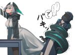  1girl 1other :3 absurdres aqua_wings arknights black_pantyhose blue_coat blue_hood breasts coat commentary_request doctor_(arknights) dress head_wings highres ho'olheyak_(arknights) holding holding_with_tail hood hood_up iguana152588 large_breasts long_sleeves pantyhose prehensile_tail reaching restrained simple_background snake_tail speech_bubble tail tail_wrap translation_request trembling very_long_tail white_background white_dress wings 