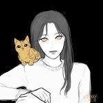  1girl absurdres animal_on_shoulder artist_name cat cherrydistrict clip_studio_paint_(medium) commentary highres hyunjin_(loossemble) k-pop long_hair loona_(group) simple_background spot_color sweater yellow_cat yellow_eyes 
