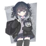  1girl bag black_bag black_hair black_hoodie black_ribbon black_thighhighs character_doll character_name closed_mouth collared_shirt commentary cowboy_shot doll grey_eyes grey_skirt grey_sweater_vest hair_ribbon highres holding holding_bag holding_doll hood hoodie kurobe_nanoka looking_at_viewer mahou_shoujo_no_majo_saiban narehate_(mahou_shoujo_no_majo_saiban) neck_ribbon nero_(moca) official_alternate_costume outline plaid_clothes plaid_skirt pleated_skirt ribbon shirt short_hair simple_background skirt sleeves_past_fingers sleeves_past_wrists solo sweater_vest thighhighs two_side_up white_outline white_shirt zettai_ryouiki 