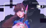  1boy 1girl animal_print behind_another blue_bodysuit bodysuit breasts breasts_out brown_hair cao_xiaojv character_request cleavage commentary d.va_(overwatch) english_commentary evil_smile facepaint facial_mark gradient_eyes grin headphones long_hair long_sleeves mecha_pilot_suit multicolored_eyes out-of-frame_censoring overwatch parted_lips pink_eyes purple_eyes rabbit_print recording red_eyes silhouette smile upper_body whisker_markings 