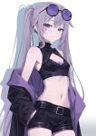  1girl absurdres black_jacket black_shorts breasts castellayaki chest_jewel cleavage cleavage_cutout closed_mouth clothing_cutout commentary eyewear_on_head grey_hair hand_in_pocket highres hololive hololive_english jacket jacket_partially_removed jewel_under_eye koseki_bijou long_hair looking_at_viewer purple-tinted_eyewear purple_eyes round_eyewear shadow shorts simple_background small_breasts solo sunglasses tinted_eyewear twintails virtual_youtuber white_background 
