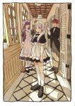 1boy 2girls adjusting_clothes adjusting_gloves apron black_bow black_bowtie black_shoes bow bowtie butler commentary_request dress elf fern_(sousou_no_frieren) frieren full_body gloves green_eyes highres indoors juliet_sleeves long_dress long_hair long_sleeves looking_at_viewer maid maid_headdress multiple_girls pointy_ears puffy_short_sleeves puffy_sleeves purple_hair red_hair shoes short_hair short_sleeves sousou_no_frieren stark_(sousou_no_frieren) takeuchi_ryousuke twintails white_apron white_gloves white_hair 