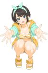  1girl :d aqua_eyes aqua_hairband aqua_jacket bikini black_hair blush bow_hairband breasts commentary_request feet full_body hairband highres himahana hololive hood hood_down hooded_jacket jacket looking_at_viewer medium_breasts nail_polish navel oozora_subaru oozora_subaru_(hololive_summer_2019) open_clothes open_jacket open_mouth outstretched_arms sandals short_hair simple_background smile solo squatting striped_bikini striped_clothes swimsuit toenail_polish toenails toes virtual_youtuber white_background white_bikini yellow_bikini yellow_jacket yellow_nails 