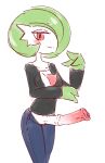 alternate_version_at_source animal_genitalia animal_penis big_penis bottomwear breasts censored_version_at_source clothed clothing denim denim_bottomwear denim_clothing equine_genitalia equine_penis erection gardevoir generation_3_pokemon genitals green_hair gynomorph hair huge_penis humanoid intersex jeans liveactors nintendo not_furry open_bottomwear open_clothing open_pants pants penis pokemon pokemon_(species) shirt solo topwear