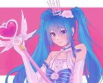  1girl bare_shoulders blue_bow blue_eyes blush bow choker commentary crown dafterdayart dress elbow_gloves english_commentary feathered_wings flat_chest flower frilled_choker frilled_dress frills gloves hair_flower hair_ornament hatsune_miku hatsune_miku_(birthday2020_sweet_angel) long_hair looking_at_viewer magma_(medium) paint_chat_(medium) rose sketch smile solo twintails upper_body very_long_hair vocaloid white_choker white_dress white_flower white_gloves white_rose white_wings wings 