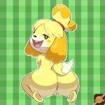  1:1 2021 animal_crossing anthro anus bedroom_eyes big_butt butt canid canine canis cleft_of_venus darknsfwindie domestic_dog female full-length_portrait genitals hi_res isabelle_(animal_crossing) kneeling looking_at_viewer looking_back looking_back_at_viewer mammal narrowed_eyes nintendo nude open_mouth open_smile pattern_background portrait pussy rear_view seductive shih_tzu simple_background smile solo toy_dog video_games 
