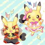  belt black_pants black_shirt blue_background bow commentary_request cosplay_pikachu eyelashes full_body highres idol_clothes jacket kana_(maple926) lightning_bolt_symbol long_sleeves no_humans open_clothes open_jacket open_mouth pants pikachu pikachu_pop_star pikachu_rock_star pink_bow pink_shirt pink_shoes pink_skirt pokemon pokemon_(creature) pokemon_focus red_belt red_jacket red_shoes shirt shoes skirt smile star_(symbol) 