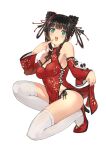  1girl :d bare_shoulders black_panties blush breasts chinese_clothes cleavage_cutout clothes_lift clothing_cutout commentary_request cone_hair_bun covered_navel detached_sleeves double_bun dress dress_lift finger_to_cheek green_eyes hair_bun hair_ornament hair_rings high_heels highres lifting_own_clothes looking_at_viewer mandarin_collar merchandise_available official_art open_mouth original panties pelvic_curtain print_dress qipao red_dress red_sleeves short_hair short_hair_with_long_locks side-tie_panties side_slit sidelocks simple_background small_breasts smile solo squatting super_zombie tassel tassel_hair_ornament teeth thighhighs underwear upper_teeth_only white_background white_thighhighs 