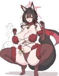  1boy 1girl absurdres alternate_costume animal_ear_fluff animal_ears bikini black_hair blue_archive breasts colored_inner_hair commentary_request cosplay doodle_sensei_(blue_archive) eyeshadow fox_ears fox_girl fox_tail fur-trimmed_gloves fur-trimmed_legwear fur_bikini fur_collar fur_trim gloves halo highres korean_commentary kurowanjjyang makeup mash_kyrielight mash_kyrielight_(dangerous_beast) mash_kyrielight_(dangerous_beast)_(cosplay) multicolored_hair navel no_shoes open_mouth red_bikini red_eyeshadow red_gloves red_hair red_halo red_thighhighs sensei_(blue_archive) simple_background squatting swimsuit tail thighhighs two-tone_hair wakamo_(blue_archive) white_background yellow_eyes 