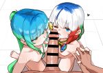 1boy 2girls after_fellatio bar_censor blue_eyes blue_hair blush bow bowtie breasts censored commentary_request commission cooperative_fellatio cum cum_in_mouth cum_on_body cum_on_tongue facial fellatio from_above google_chrome gradient_hair green_eyes green_hair gruppe heart highres holding_hands id_card long_hair looking_at_penis looking_at_viewer microsoft_edge microsoft_windows mixed-language_commentary multicolored_bow multicolored_hair multiple_girls navel nipples nude one_eye_closed oral original os-tan penis personification ponytail pov pov_crotch pov_hands small_breasts teamwork_(sexual) tongue tongue_out 