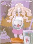 1boy 1girl adapted_costume adjusting_eyewear blonde_hair border caitlin_(pokemon) character_name closed_mouth commentary darach_(pokemon) english_text food grey_eyes hand_up highres holding holding_pokemon long_hair mayotsunamayo parted_bangs pink_skirt pokedex_number pokemon pokemon_(creature) pokemon_diamond/pearl/platinum pokemon_platinum shirt short_sleeves sidelocks skirt solosis sunglasses t-shirt twitter_username white_border white_shirt 