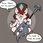 alternate_version_at_source anthro demanding dialogue english_text flaccid foreskin genitals hi_res kayadult kled_(lol) league_of_legends male penis riot_games simple_background solo tencent text weapon yordle