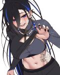 1girl ayase_yuu ayase_yuu_(2nd_costume) bead_necklace beads belt black_belt black_bridal_gauntlets black_hair black_nails black_pants black_shirt blue_eyes blue_ribbon blue_streaks blush bridal_gauntlets cleavage_cutout clothes_lift clothing_cutout commentary_request crop_top cropped_shirt double-parted_bangs ear_piercing earrings flower_tattoo gold_trim grey_shirt grey_sports_bra hair_between_eyes high_collar high_ponytail highres jewelry leaf_tattoo long_bangs long_hair long_sleeves looking_at_viewer maximum_pamyu midriff multicolored_hair multicolored_shirt multiple_earrings nail_polish navel necklace official_alternate_costume official_alternate_hairstyle open_mouth pants phase_connect piercing ponytail print_shirt ribbon ribbon_earrings shirt shirt_lift simple_background sketch smile solo spiked_ear_piercing sports_bra stomach_tattoo streaked_hair stud_earrings sweat tassel tattoo teeth unfinished upper_body very_long_hair virtual_youtuber white_background 