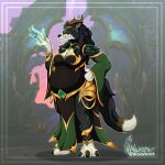 1:1 3_toes absurd_res anthro belly big_belly black_body black_fur black_hair black_nose blizzard_entertainment bottomwear breasts canid cleavage clothed clothed_anthro clothed_female clothing feet female fingers fur hair hi_res hindpaw horn huge_belly humanoid_hands mammal multicolored_body multicolored_fur pants paws pregnant pregnant_anthro pregnant_female solo tail toes two_tone_body two_tone_fur visage_form warcraft wavorn werecanid werecreature white_body white_fur worgen