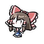  1girl ascot blue_ascot blush blush_stickers bow brown_hair chibi chibi_only commentary_request frilled_ascot frilled_bow frilled_hair_tubes frilled_shirt_collar frills hair_bow hair_tubes hakurei_reimu head_only highres no_mouth red_bow red_eyes short_hair sidelocks simple_background solo takegusa touhou white_background |_| 
