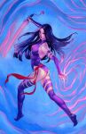  1girl absurdres breasts bridal_gauntlets colored_pencil_(medium) commentary english_commentary full_body gloves halter_leotard halterneck highleg highleg_leotard highres holding holding_sword holding_weapon ink large_breasts leotard long_hair marker_(medium) marvel meghan_hetrick pastel_(medium) psylocke purple_gloves purple_hair purple_leotard purple_thighhighs red_sash sash scan solo superhero_costume sword thighhighs traditional_media turning_head waist_sash weapon x-men 