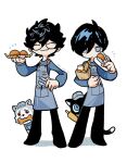  2boys amamiya_ren animal apron arm_up bag baguette black-framed_eyewear black_hair black_pants blue_eyes blue_shirt bone_in_mouth bread cat closed_eyes closed_mouth commentary dog double-parted_bangs empty_eyes food full_body glasses grey_apron grey_hat hair_between_eyes hat highres holding holding_plate holding_tongs koromaru_(persona) long_sleeves male_focus morgana_(persona_5) multiple_boys newsboy_cap notice_lines pants paper_bag parted_bangs persona persona_3 persona_5 plate red_eyes rolling_pin shirt short_hair smile standing tongs untranslatable_commentary very_short_hair white_background yusmuy yuuki_makoto_(persona_3) 