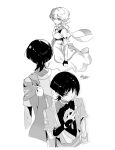  1girl 2boys arm_at_side arm_cutout armor arms_at_sides artist_name back-to-back bare_shoulders blunt_ends bodysuit breasts chopgiu cleavage clenched_hand closed_mouth clothing_cutout commentary corset covered_collarbone detached_sleeves dress dual_persona eyelashes facing_another fingernails flower frilled_sleeves frills genshin_impact gloves greyscale hair_flower hair_ornament halterneck hand_on_own_chest hand_up highres holding japanese_armor japanese_clothes jewelry juban kimono kote large_breasts layered_sleeves looking_at_another looking_down lumine_(genshin_impact) medium_dress mitsudomoe_(shape) monochrome multiple_boys neck_ring o-ring open_clothes open_kimono partially_fingerless_gloves rope sash scaramouche_(genshin_impact) scaramouche_(harbinger)_(genshin_impact) scarf shimenawa short_hair short_hair_with_long_locks short_sleeves side_cape sidelocks single_sode smile tomoe_(symbol) tsurime vambraces wanderer_(genshin_impact) white_background wispy_bangs wolf_cut 
