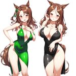  2girls absurdres animal_ears black_dress blush bow breasts brown_hair cleavage commentary_request commission cowboy_shot dress ear_bow goodbye_halo_(racehorse) green_bow green_dress heart heart_necklace highres horse_ears horse_girl horse_tail jewelry king_halo_(umamusume) large_breasts long_hair looking_at_viewer mother_and_child mother_and_daughter multicolored_hair multiple_girls necklace open_mouth original parent_and_child pixiv_commission plunging_neckline red_eyes sho2 side_slit simple_background streaked_hair tail thighhighs umamusume white_background white_streaks white_thighhighs 