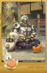  1boy absurdres bangboo_(zenless_zone_zero) banyue_(zenless_zone_zero) bell bowl building cat chibi clothed_robot clothes_around_waist commentary diffraction_spikes food full_body grey_hair happy_birthday hat highres holding holding_bowl male_focus meditation noodles official_art own_hands_together party_hat robot robot_boy running sitting tail tree zenless_zone_zero 