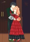  1boy 1girl alternate_costume alternate_hairstyle animal_ear_fluff animal_ears arm_shield ascot ball black_dress black_hair black_pants black_shoes closed_eyes closed_mouth collared_shirt commentary dress elbow_gloves english_commentary fanfiction_available frilled_dress frills gloves green_eyes green_jacket green_shoes head_on_chest high_heels highres hug indoors iwatani_naofumi jacket legendary_shield_(small_shield)_(tate_no_yuusha_no_nariagari) legendary_shield_(tate_no_yuusha_no_nariagari) long_dress long_hair long_sleeves looking_at_another malockser messy_hair multicolored_shoes pants ponytail raccoon_ears raccoon_girl raccoon_tail raphtalia red_dress red_gloves red_shoes shirt shoes short_hair sleeveless sleeveless_dress smile socks tail tanuki tate_no_yuusha_no_nariagari two-tone_dress two-tone_shoes variant_set white_ascot white_shirt white_socks 